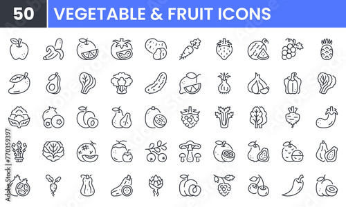 Vegetable and Fruit vector line icon set. Contain linear outline icons like Apple, Orange, Tomato, Potato, Carrot, Grapes, Mango, Spinach, Broccoli, Cucumber, Lemon, Garlic. Editable use and stroke.