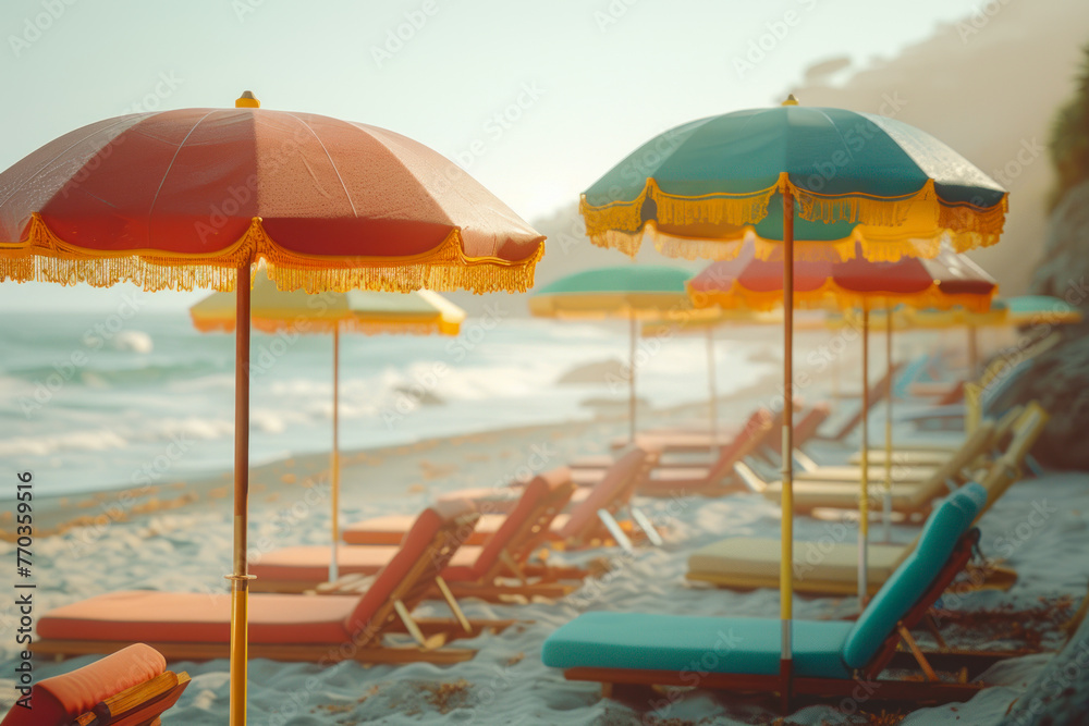 Vintage Beach Umbrellas and Lounge Chairs.