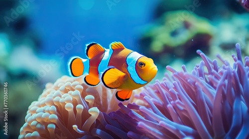 Anemone fish with beautiful colors live in the sea