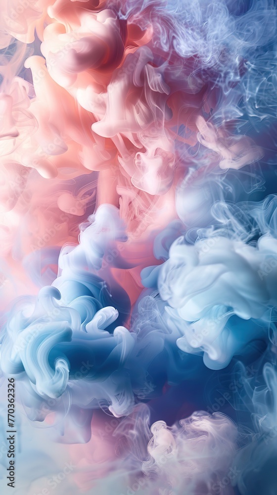 Fototapeta premium Vivid swirls of pink and blue smoke create an abstract, dreamlike texture.
