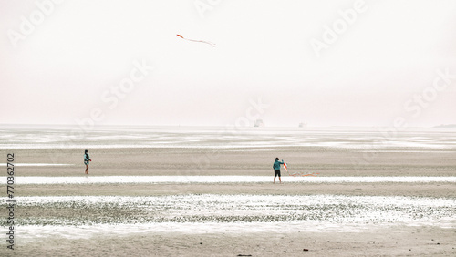 People fly a kite on the seashore.Wadden Sea Coast.Frisian Islands.Fer Island.Germany.Kites and people walking on the white sandy sea beach.Flying kites on the seashore.