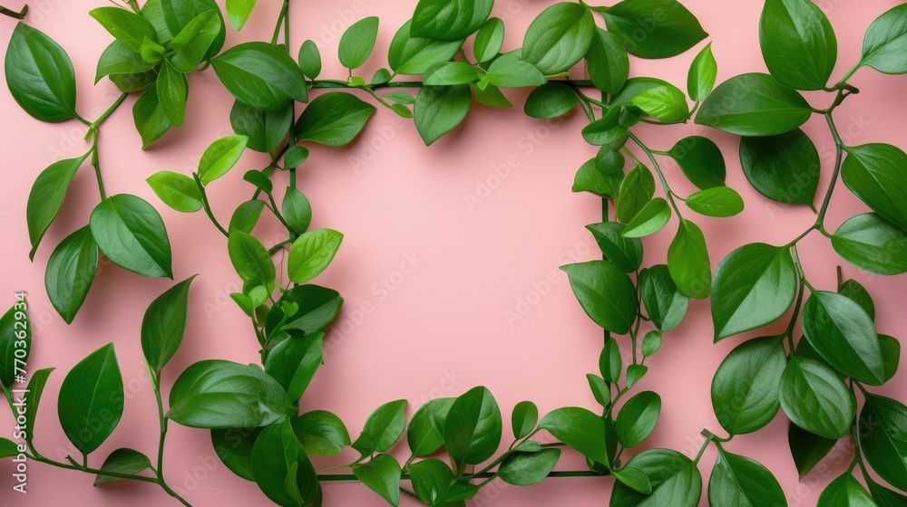 Fototapeta premium green leaves frame background. flat lay
