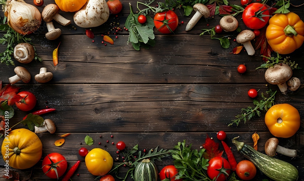 Autumn frame with mushrooms and pumpkins on wooden plank background. Fall, harvest and farmer's food concept. Top view for sign design, poster, banner with copy space Autumn frame with mushrooms and pumpkins on wooden plank background. Fall, harvest and farmer's food concept. Top view for sign design, poster, banner with copy space