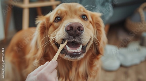 Canine dental care  dog enjoying teeth brushing  warm indoor lighting  clear focus