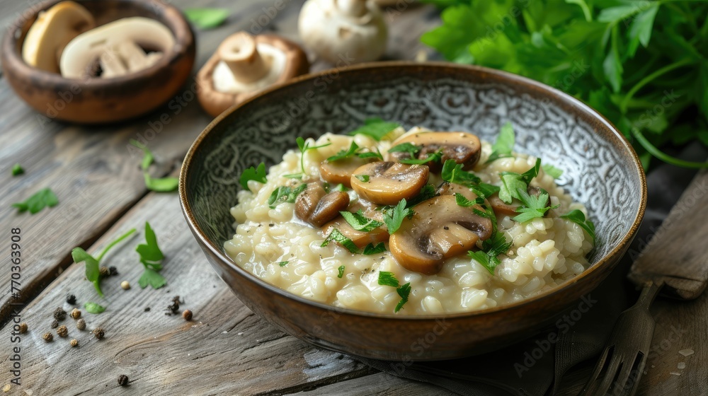 Appetizing aromatic risotto with mushrooms and Parmesan cheese