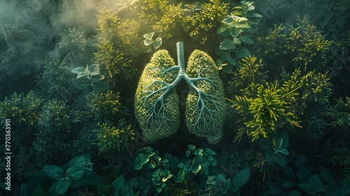 Green foliage lungs, under soft sunrise, birdseye view, magical realism style
