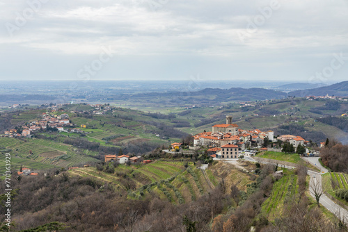 Panoramic view of the Collio hills, Cormons, between Gorizia and Nova Gorica. European Capital of Culture 2025. Typical local products vineyards and wines. Gonjače Tower places to visit and tradition