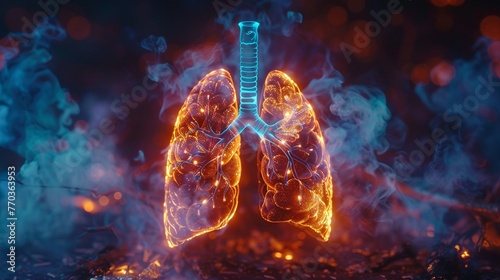 Lung cancer treatment hologram, dynamic colors, front angle, cinematic style