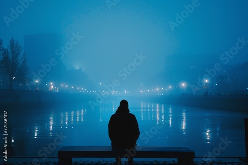 The serene silhouette of a man sitting on a bench overlooking a tranquil, foggy riverfront with city lights photo
