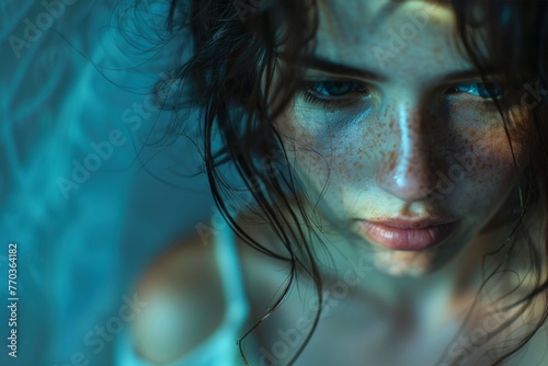 Close-up image of a young woman with wet hair and freckles, intense gaze and moody lighting