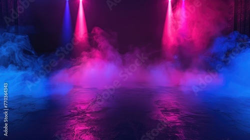 Dark stage shows, blue, pink, and purple background, an empty dark scene, laser beams, neon, spotlights reflection on the asphalt floor, studio room with smoke floating up for display products