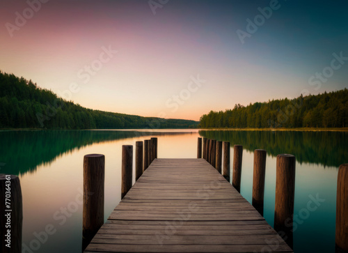A bridge-pier on the shore of a large calm lake against the backdrop of sunset. © sv_production