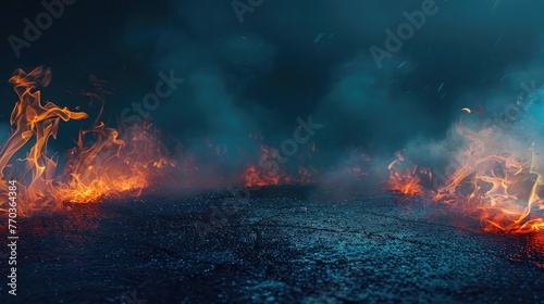 Dark street asphalt abstract dark blue background, empty dark scene, the flame is burning with smoke float up the interior texture for display products