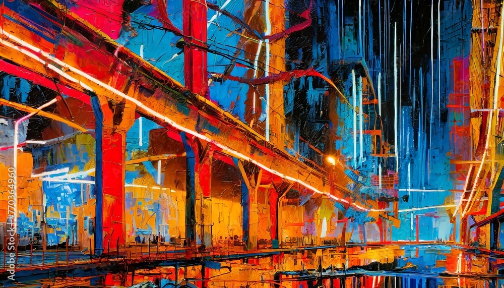  A cyberpunk cityscape at night, illuminated by neon lights and holographic advertisements.