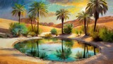  A desert oasis at midday, showcasing a tranquil pond surrounded by lush palm trees.