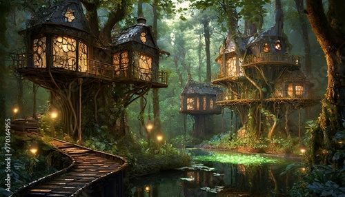 A dense forest with bioluminescent plants and high-tech treehouses.