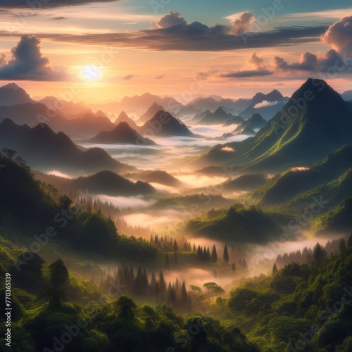 a mountain landscape with a sunset and mountains in the background