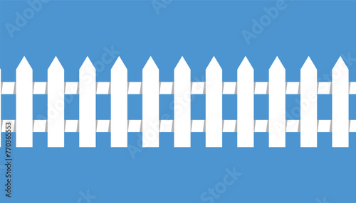 White Picket Fence Vector on Blue Background  White fence picket silhouettes Isolated on blue background. Cartoon vector illustration