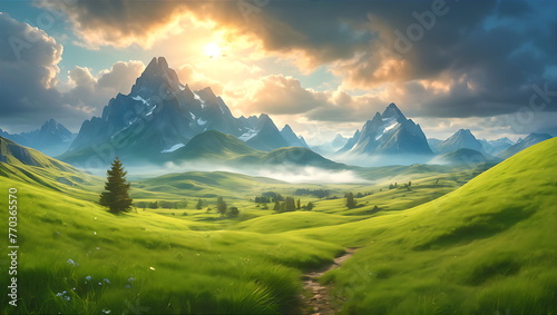 Mountain Sunrise, Breathtaking Landscape with Lush Greenery