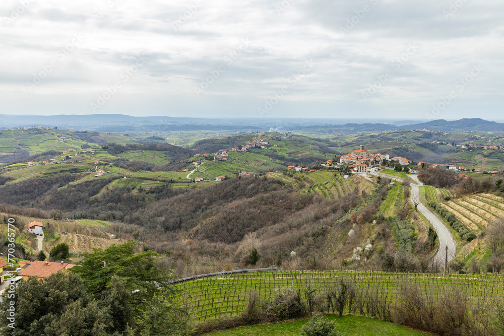 Panoramic view of the Collio hills, Cormons, between Gorizia and Nova Gorica. European Capital of Culture 2025. Typical local products vineyards and wines. Gonjače Tower places to visit and tradition