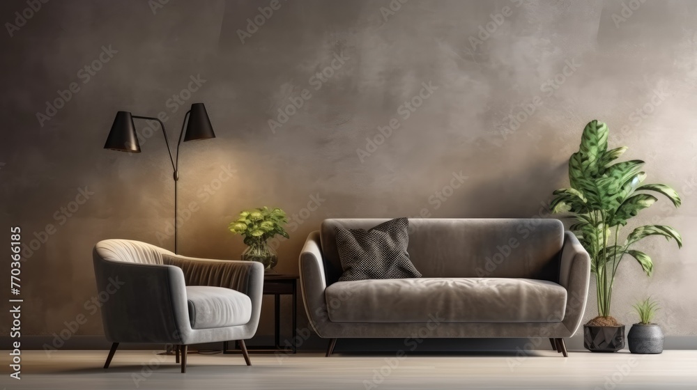Living room interior with velvet sofa, armchair, floor lamp and plant on warm Living room interior with velvet sofa, armchair, floor lamp and plant on warm