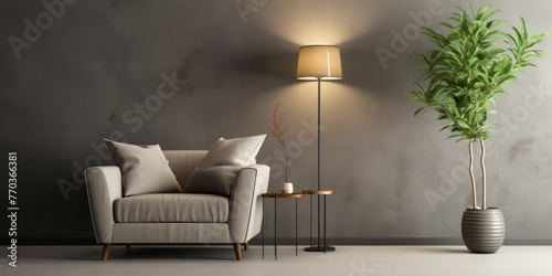 Living room interior with velvet sofa, armchair, floor lamp and plant on warm photo