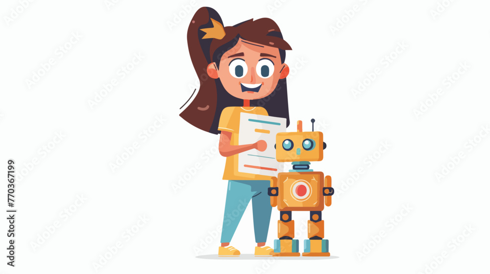 Illustration of a Kid Girl Holding a Robot with an Awa - obrazy, fototapety, plakaty 