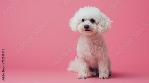 A canine of Bichon frize breed disconnected on pink variety studio