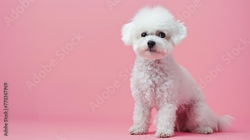 A canine of Bichon frize breed disconnected on pink variety studio