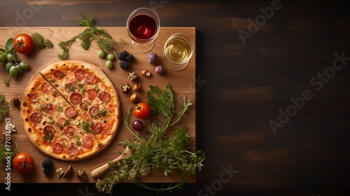 Background pizza with salami and vegetables (ID: 770368163)