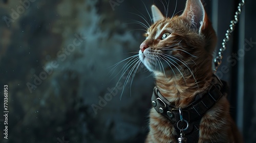 a cute feathery orange ginger dark-striped cat wearing a sparkling restraint with ringer