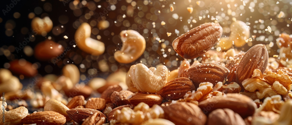 Mixed nuts tumbling, detail shot, healthy snack option Mixed nuts tumbling, detail shot, healthy snack option