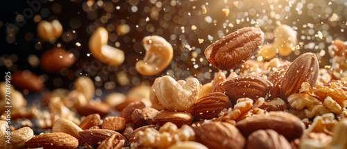 Mixed nuts tumbling, detail shot, healthy snack option