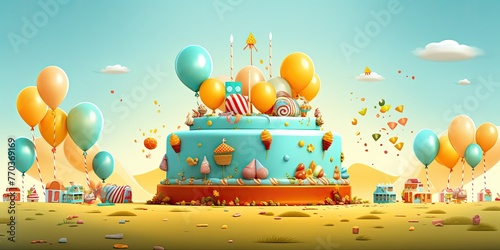 Happy Birthday Cake and Balloons Background - Juego de Corteje No Pianta, Hazy Landscapes, Cartoon Abstraction, Light Turquoise and Amber photo