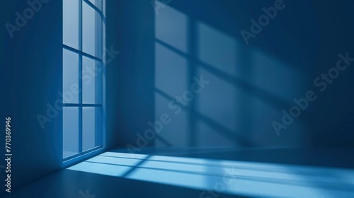 Abstract blue studio background for product presentation. Backdrop with shadows of window for display product - generative ai