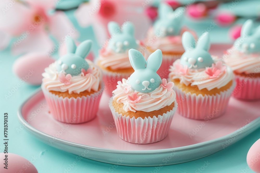 A plate of cupcakes decorated with frosting shaped like rabbit faces