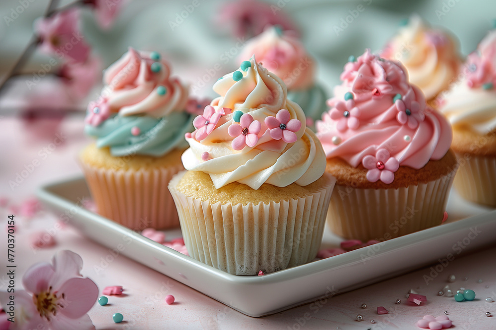 Cupcakes with pastel pink and blue frosting with flower-shaped sprinkles