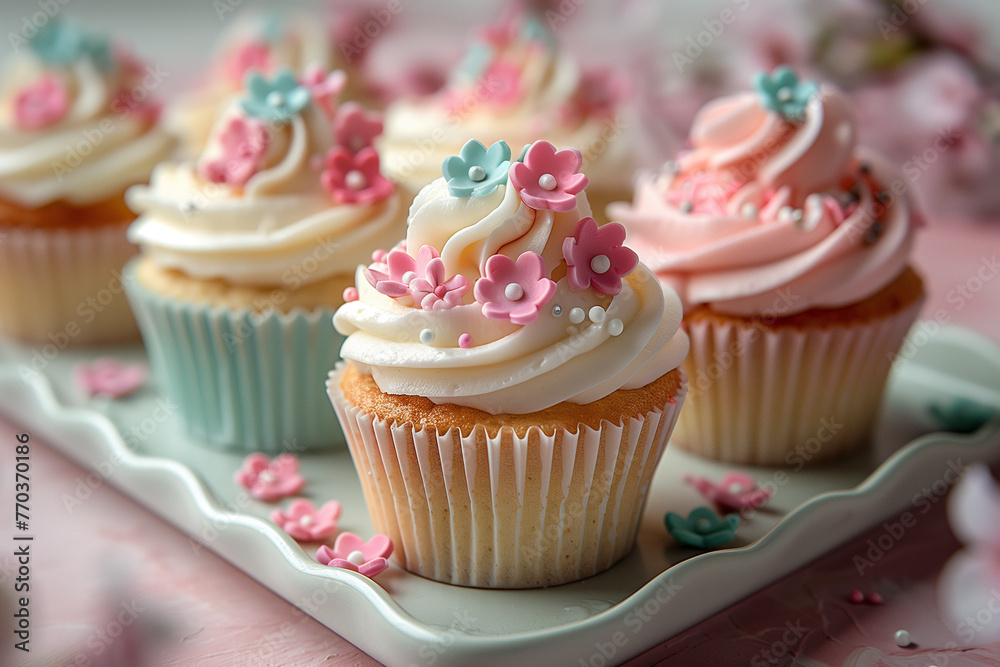 The tray holds cupcakes decorated with flower-shaped sprinkles The tray holds cupcakes decorated with flower-shaped sprinkles