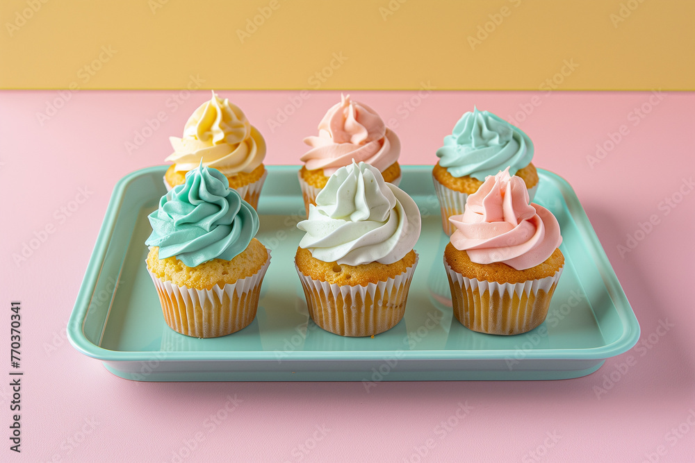 A vibrant assortment of cupcakes with colorful frosting fills a tray
