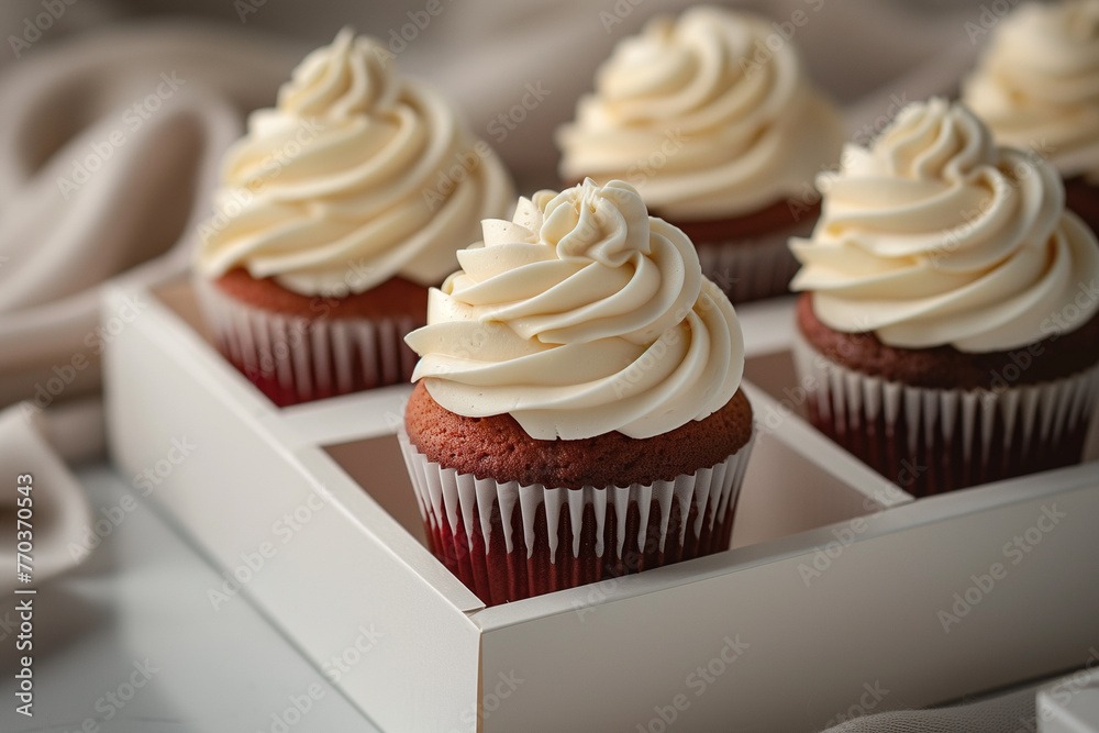 A box filled with delicious brown cupcakes topped with creamy white frosting A box filled with delicious brown cupcakes topped with creamy white frosting