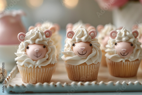 A delightful array of cupcakes decorated with adorable sheep made of frosting sits on a tray
