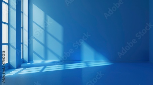 Abstract blue studio background for product presentation. Backdrop with shadows of window for display product - generative ai