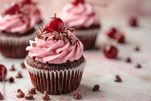 chocolate cupcake topped with pink frosting, a maraschino cherry, and chocolate flake photo