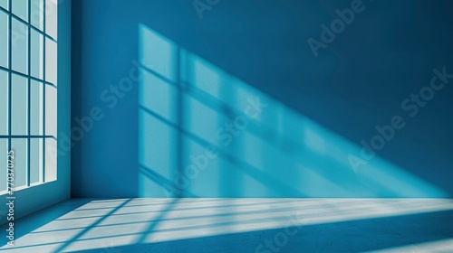 Abstract blue studio background for product presentation. Backdrop with shadows of window for display product - generative ai