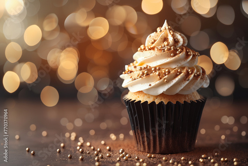 A delicious cupcake topped with creamy frosting and a sprinkle of gold photo