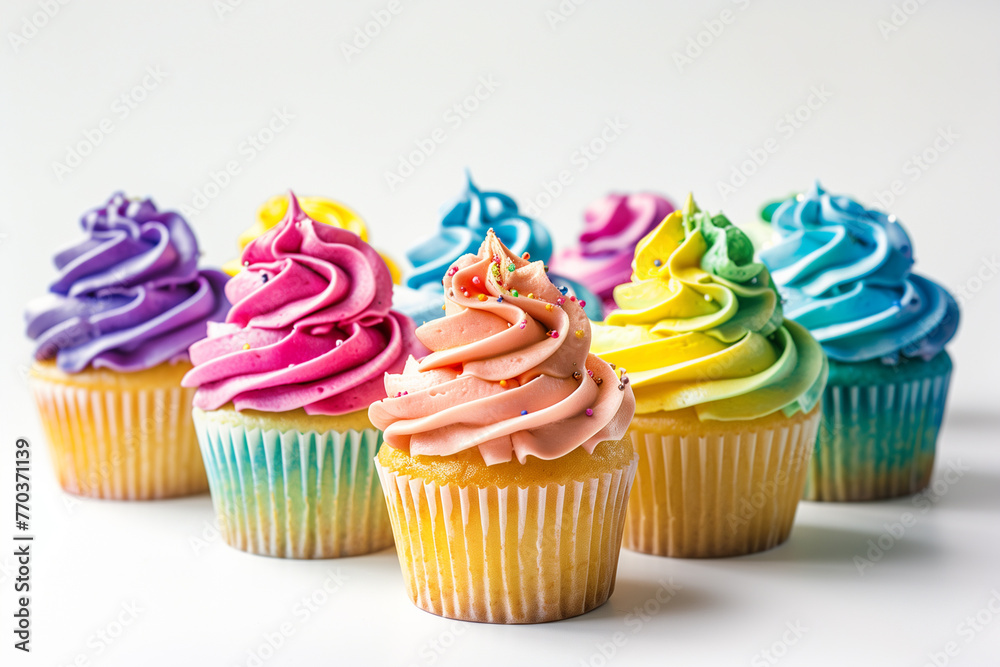 Vivid image showcasing cupcakes with a variety of frosting colors set against a pristine white background
