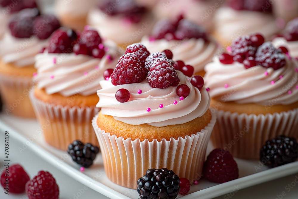 A tray of cupcakes decorated with berries on top of frosting A tray of cupcakes decorated with berries on top of frosting