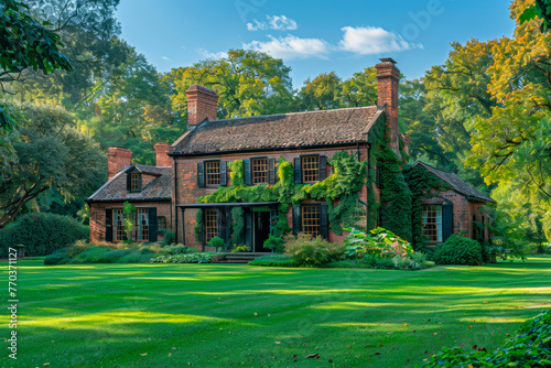 Scenic view of a stone classic house in a green field with green leafy trees in rural England.