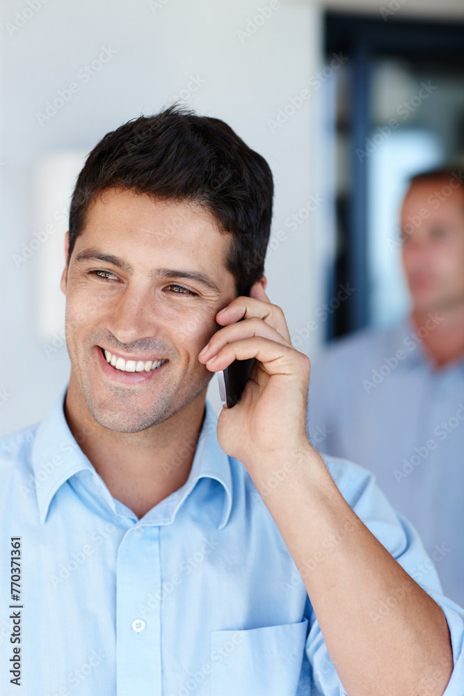 Man, smile and cellphone for phone call at office as consultant for conversation and assist client. Closeup, work and happy with discussion for connection and networking for startup business Man, smile and cellphone for phone call at office as consultant for conversation and assist client. Closeup, work and happy with discussion for connection and networking for startup business