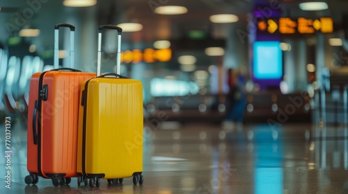 Two travel suitcases waiting in airport booking area, checking desks in background photo